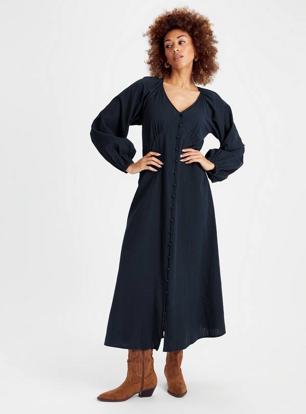 Cute Navy Blue Dress - V-Neck Midi Dress - Seersucker Dress - Lulus