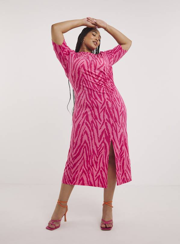 SIMPLY BE Pink Animal Ruched Slinky Jersey Midi Dress 32