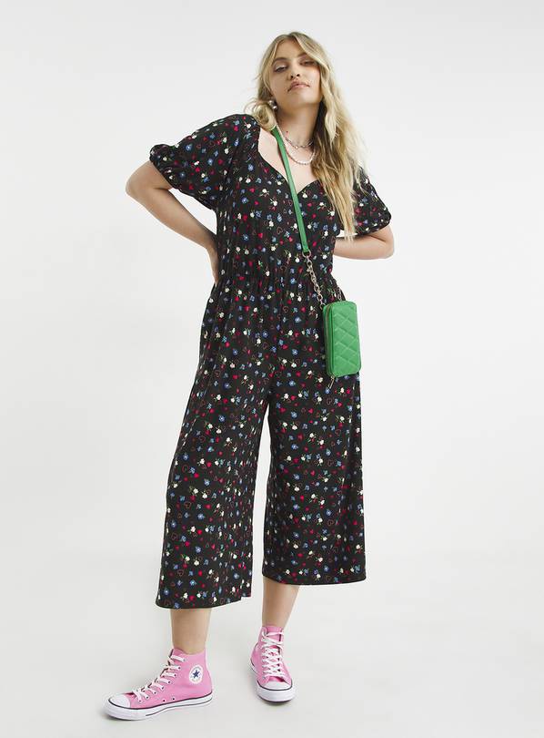 SIMPLY BE Black Floral Supersoft Jersey Jumpsuit 32