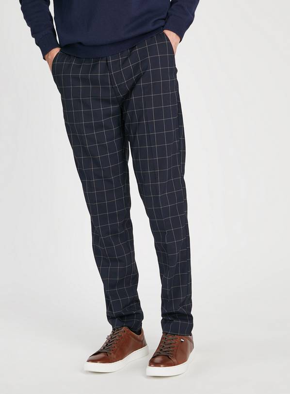 Navy Windowpane Check Trousers 36S