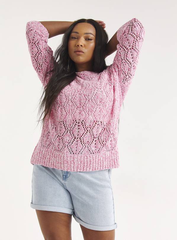 SIMPLY BE Pink Open Stitch Crew Neck Jumper 16-18