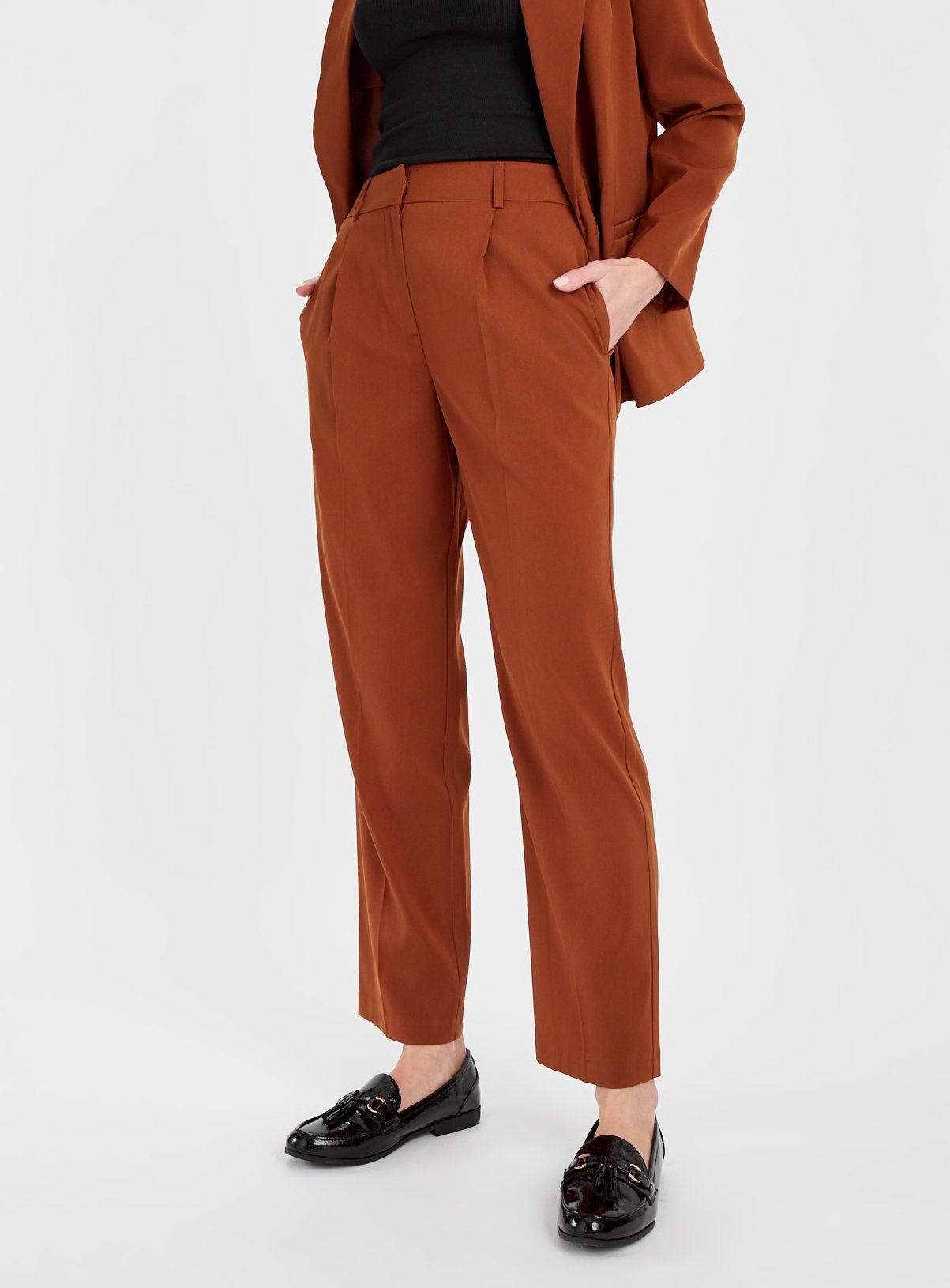 Tan Pleated Straight Leg Trousers 14L - Image 1 thumbnail