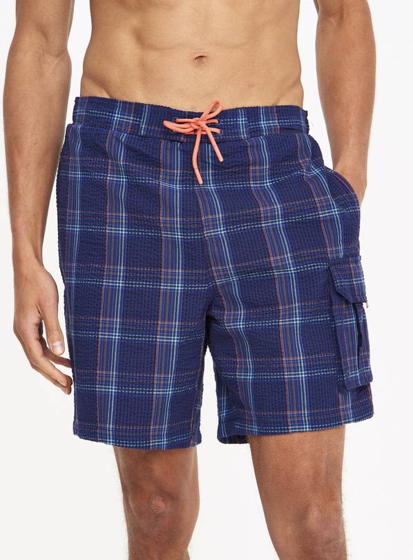 Navy Check Seersucker Swim Shorts XS