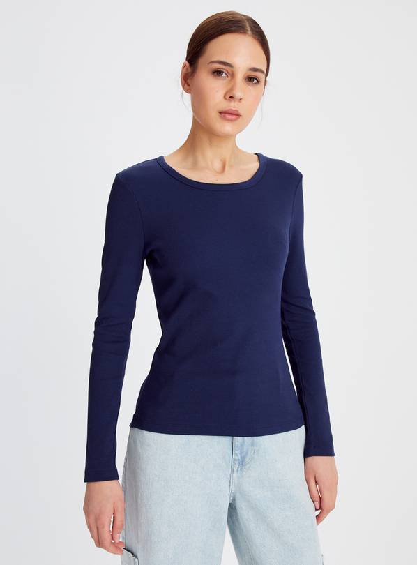 Woman Ribbed Long Sleeve Crew Neck Navy