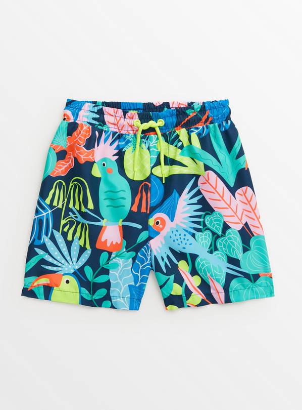 Boys' Swim Shorts, Aqua Green Birds