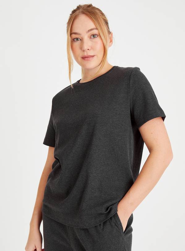 Black Marl Ribbed Coord Pyjama Top S