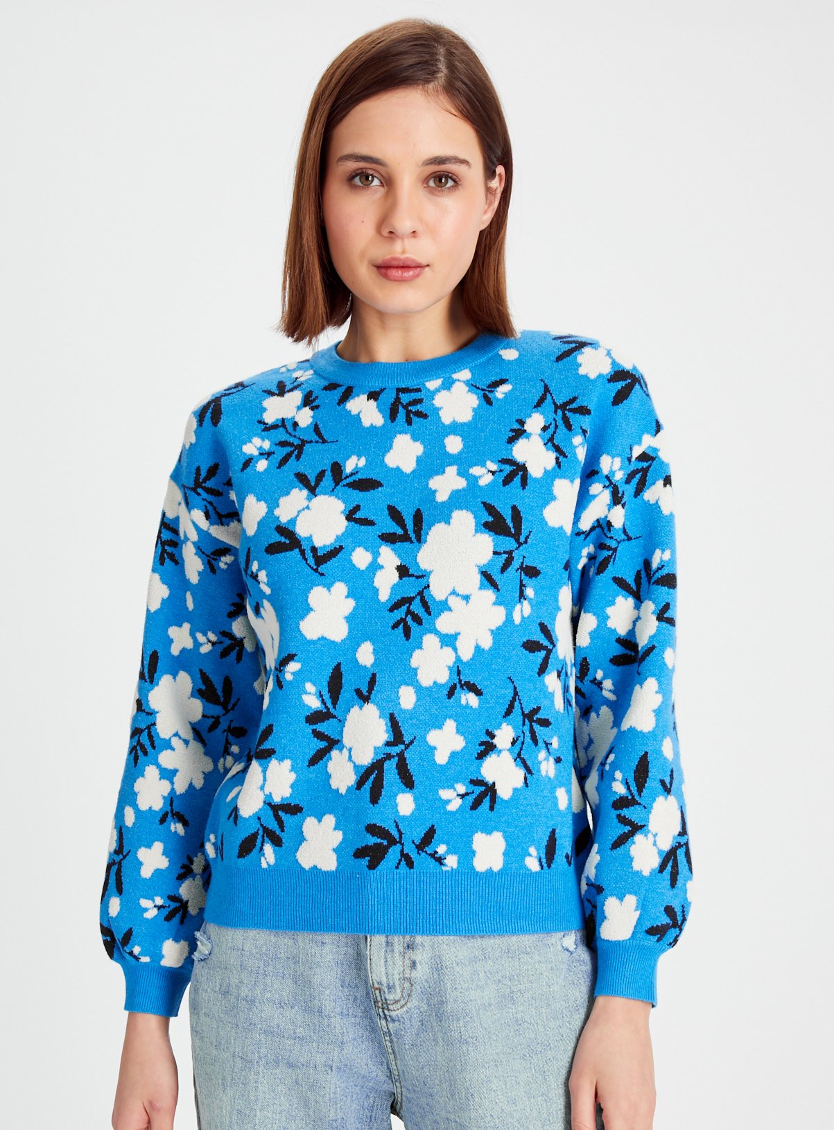 Blue Floral Jacquard Cropped Jumper 12 - Image 1 thumbnail