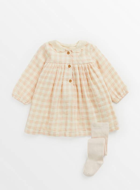 Pink Gingham Long Sleeve Dress & Tights Up to 3 mths