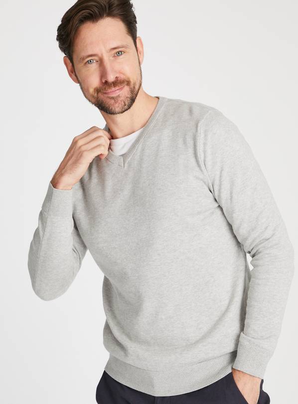 Grey V-Neck Cotton Jumper M