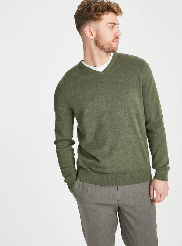 Khaki V-Neck Cotton Jumper XXL