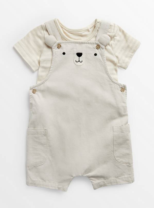 Cream Bear Face Short Dungarees & Bodysuit Set 12-18 months