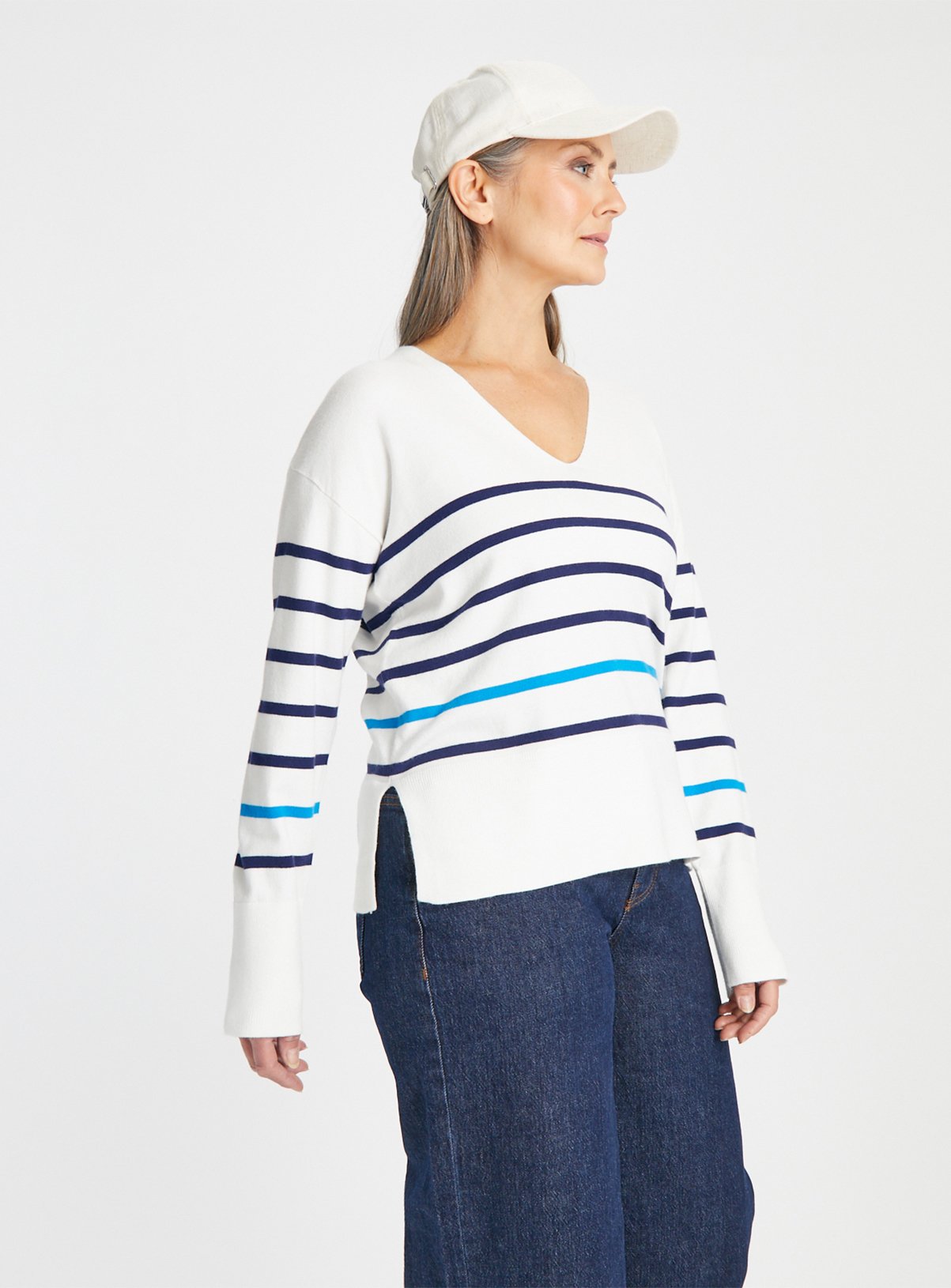 Cream Stripe V Neck Jumper 8 - Image 1 thumbnail