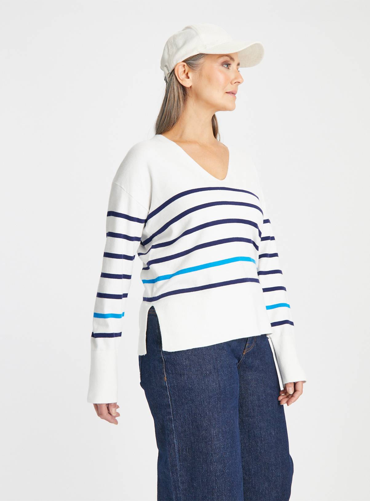 Cream Stripe V Neck Jumper 8 - Image 1