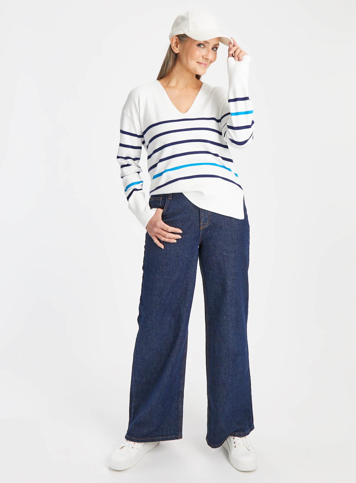 Cream Stripe V Neck Jumper 8 - Image 2 thumbnail