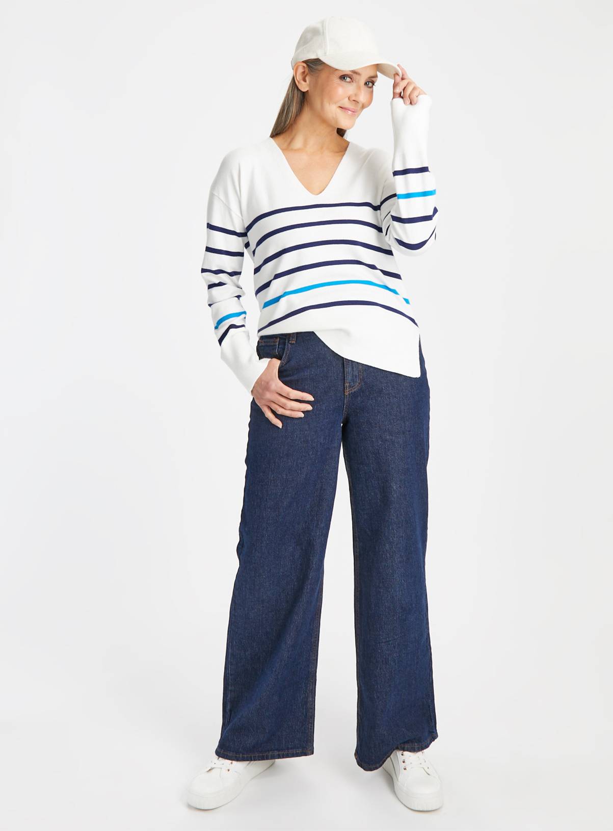 Cream Stripe V Neck Jumper 8 - Image 2