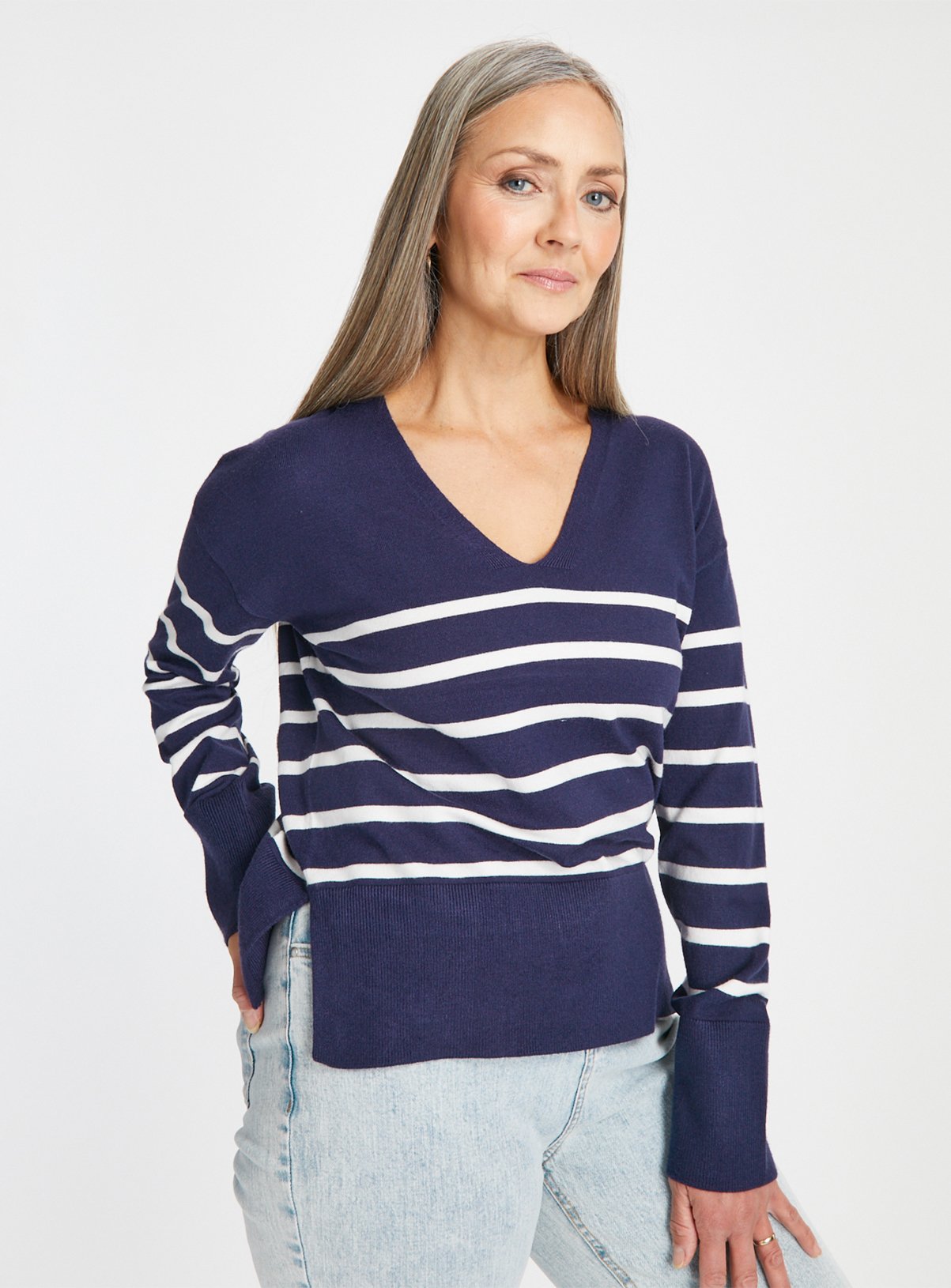 Navy Stripe V Neck Jumper  12 - Image 1 thumbnail