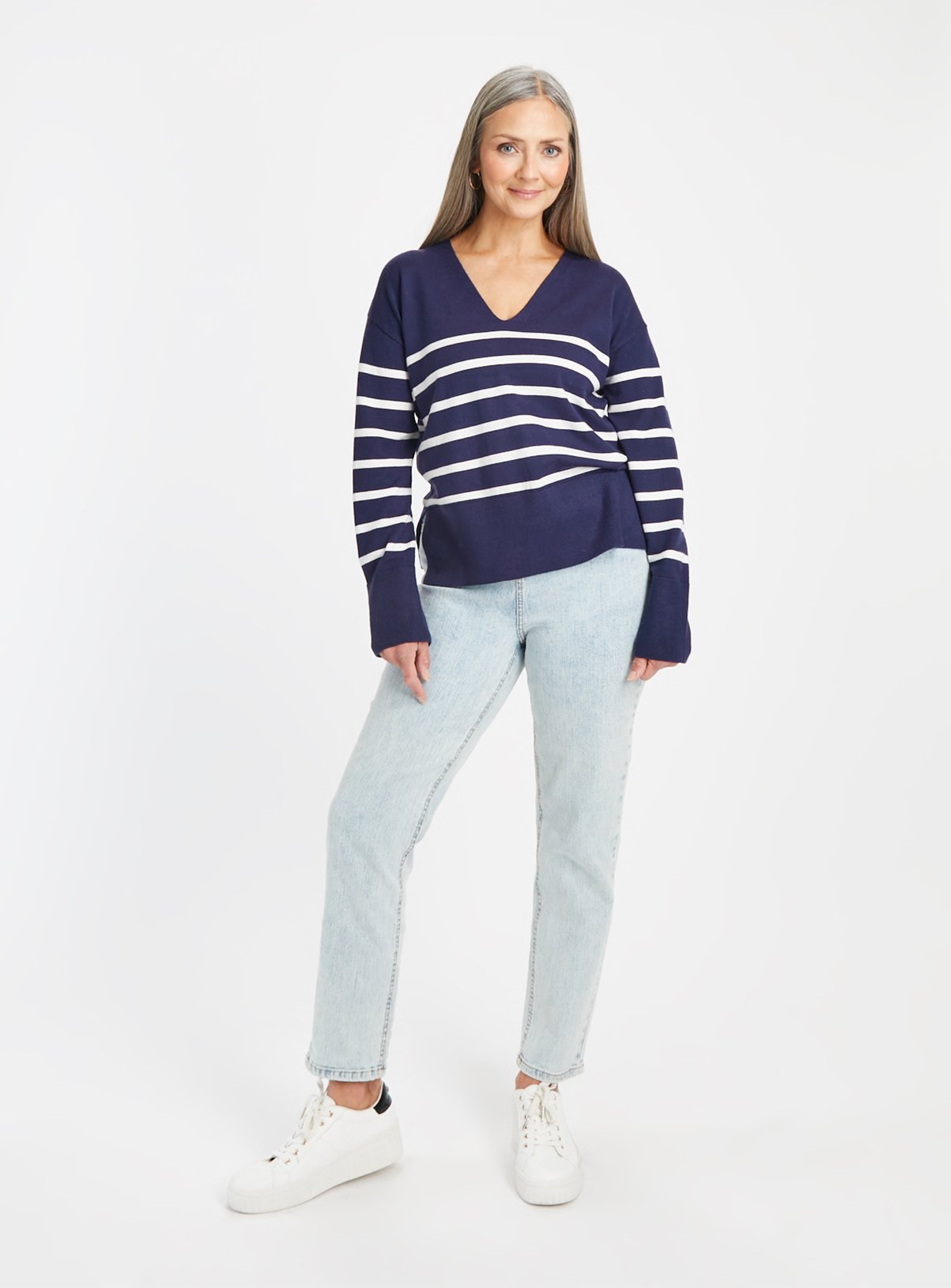 Navy Stripe V Neck Jumper  12 - Image 2 thumbnail