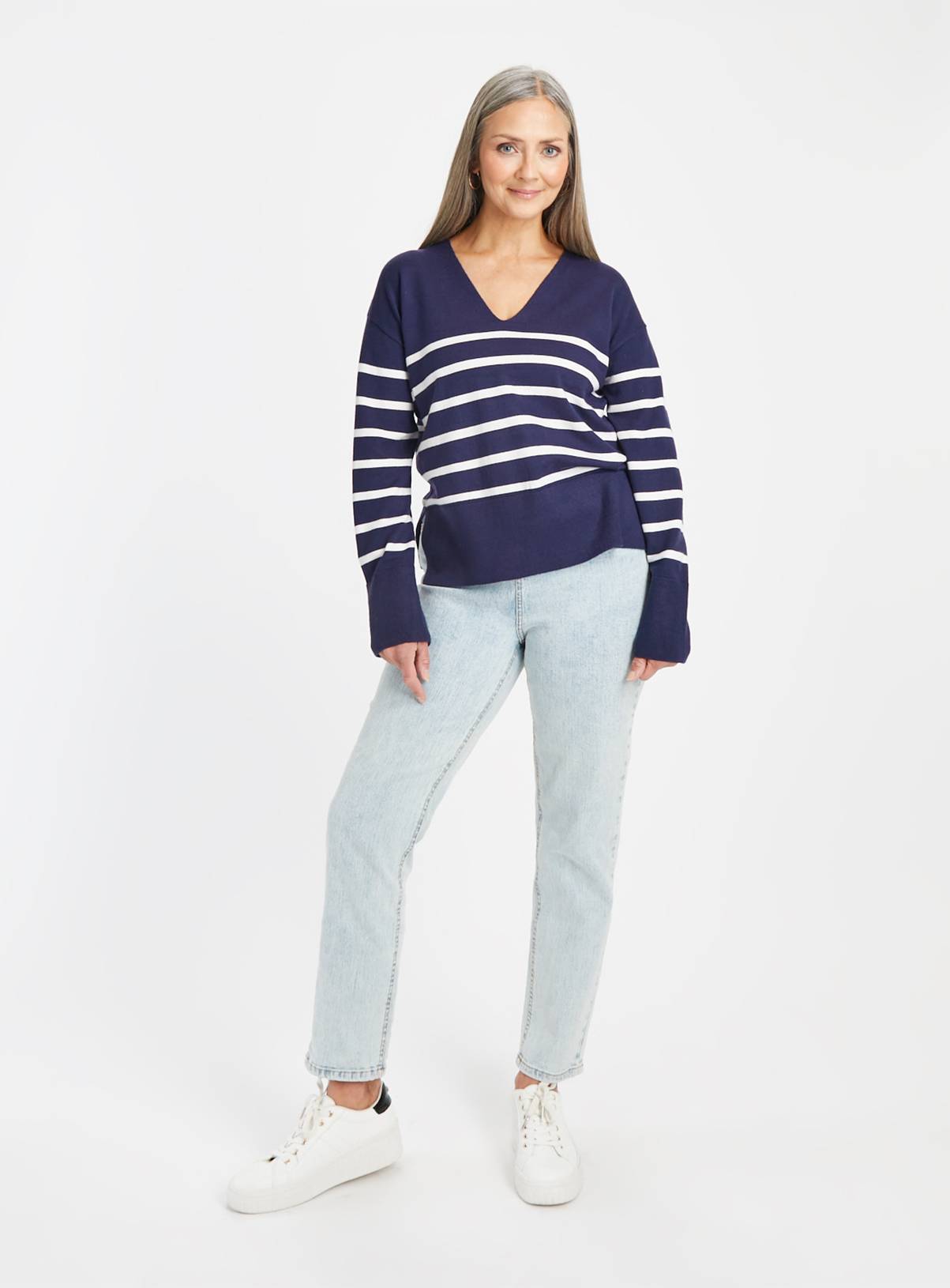 Navy Stripe V Neck Jumper  12 - Image 2