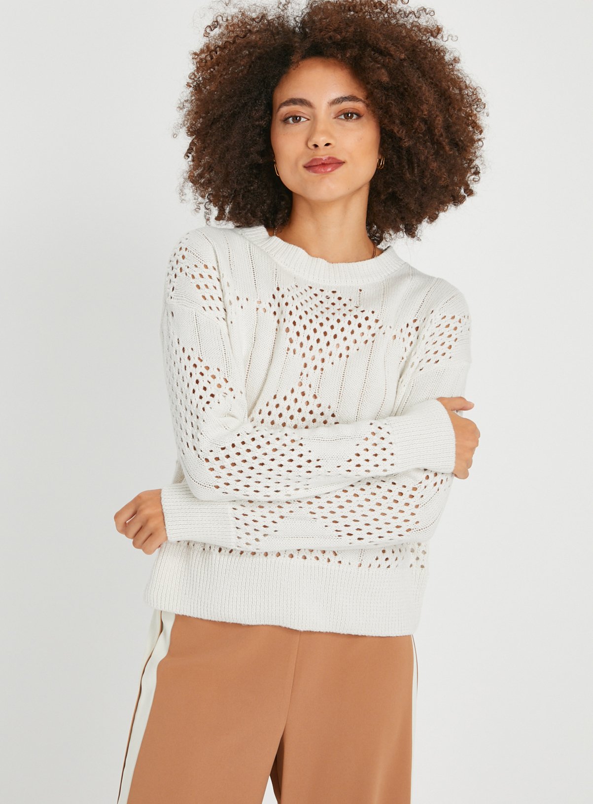 Cream Pointelle Crew Neck Jumper 22 - Image 1 thumbnail