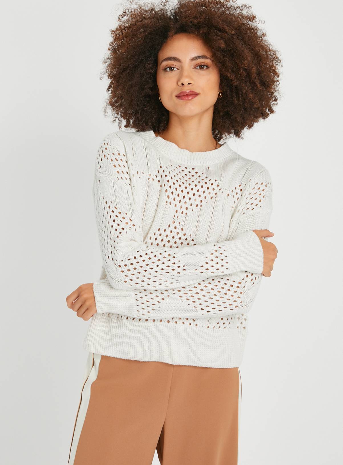Cream Pointelle Crew Neck Jumper 22 - Image 1