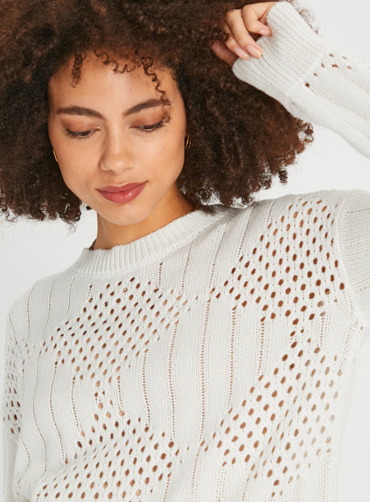Cream Pointelle Crew Neck Jumper 22 - Image 3 thumbnail