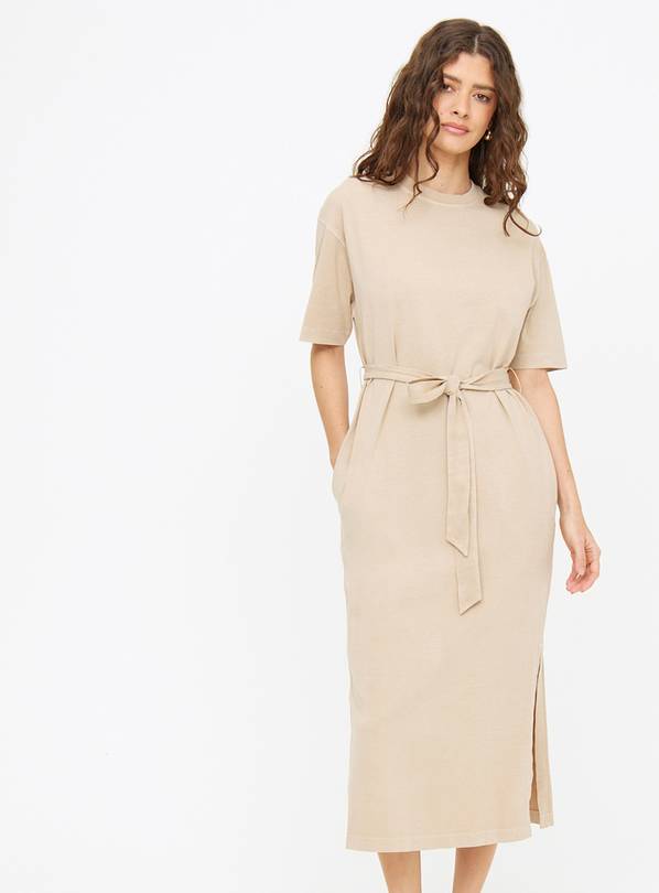 Beige Washed Belted T-Shirt Dress S