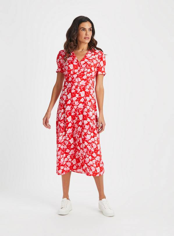 Red Floral Print Tea Dress 12S
