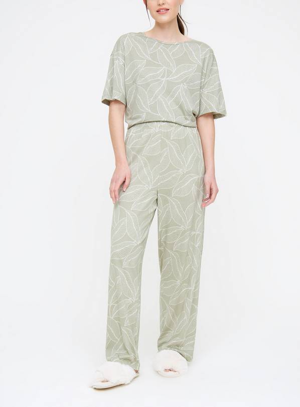 Sage Green Tropical Leaf Pyjama Bottoms M