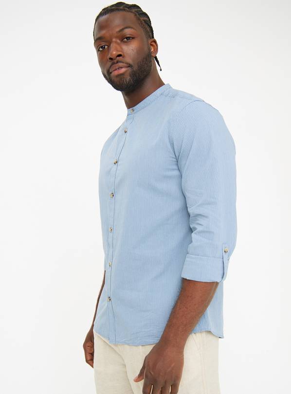 Blue Stripe Grandad Collar Long Sleeve Shirt XL