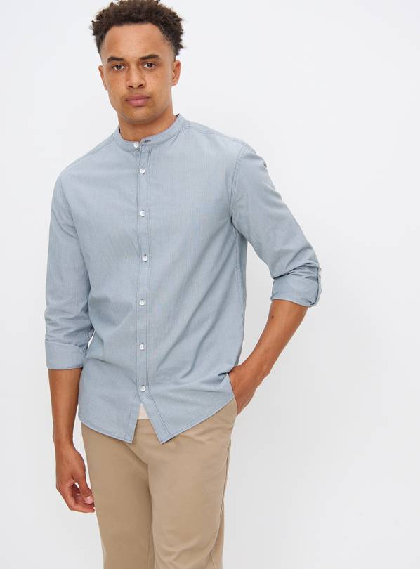 Grey Stripe Grandad Collar Long Sleeve Shirt S
