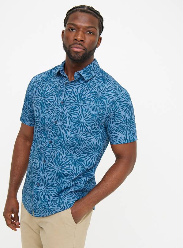 Blue Geometric Floral Short Sleeve Shirt XL