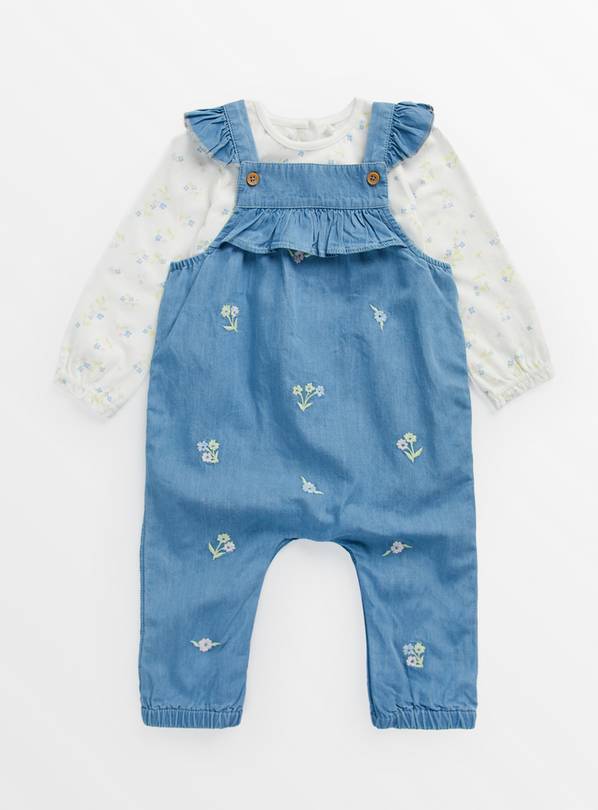 Blue Chambray Floral Dungarees & Bodysuit Up to 3 mths
