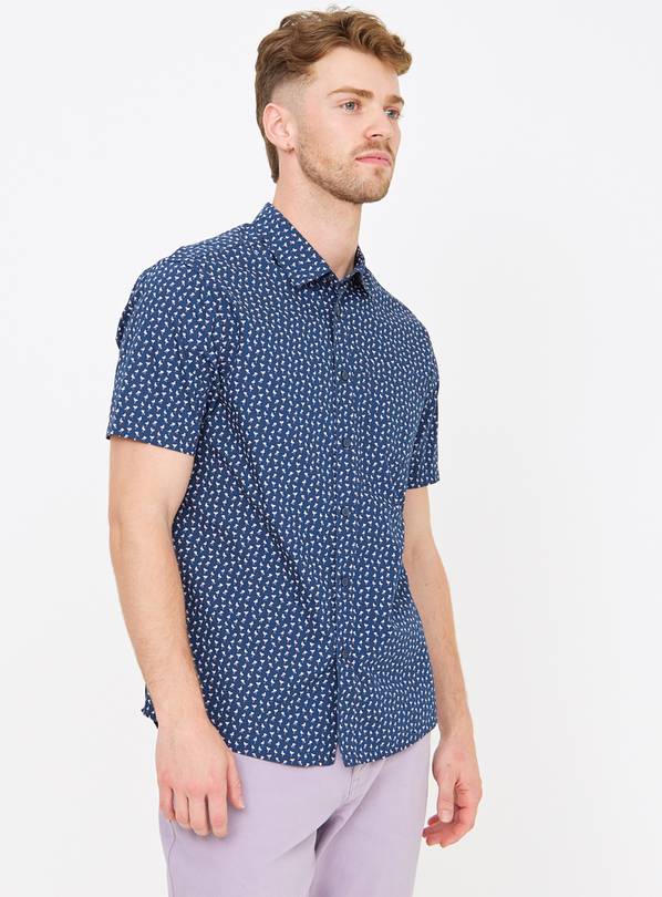 Navy Flamingo Print Short Sleeve Shirt XL