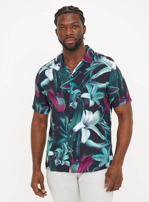 Teal Lily Print Short Sleeve Shirt M