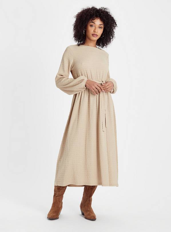 Buy Neutral Crinkle Tie Waist Midi Dress 14 | Dresses | Argos