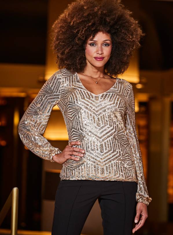 Sosandar Tops | Womens Champagne Gold Sequin Shirt