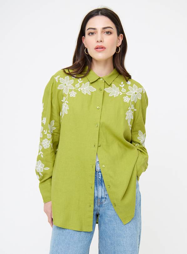 Chartreuse Embroidered Relaxed Fit Linen-Rich Shirt 16