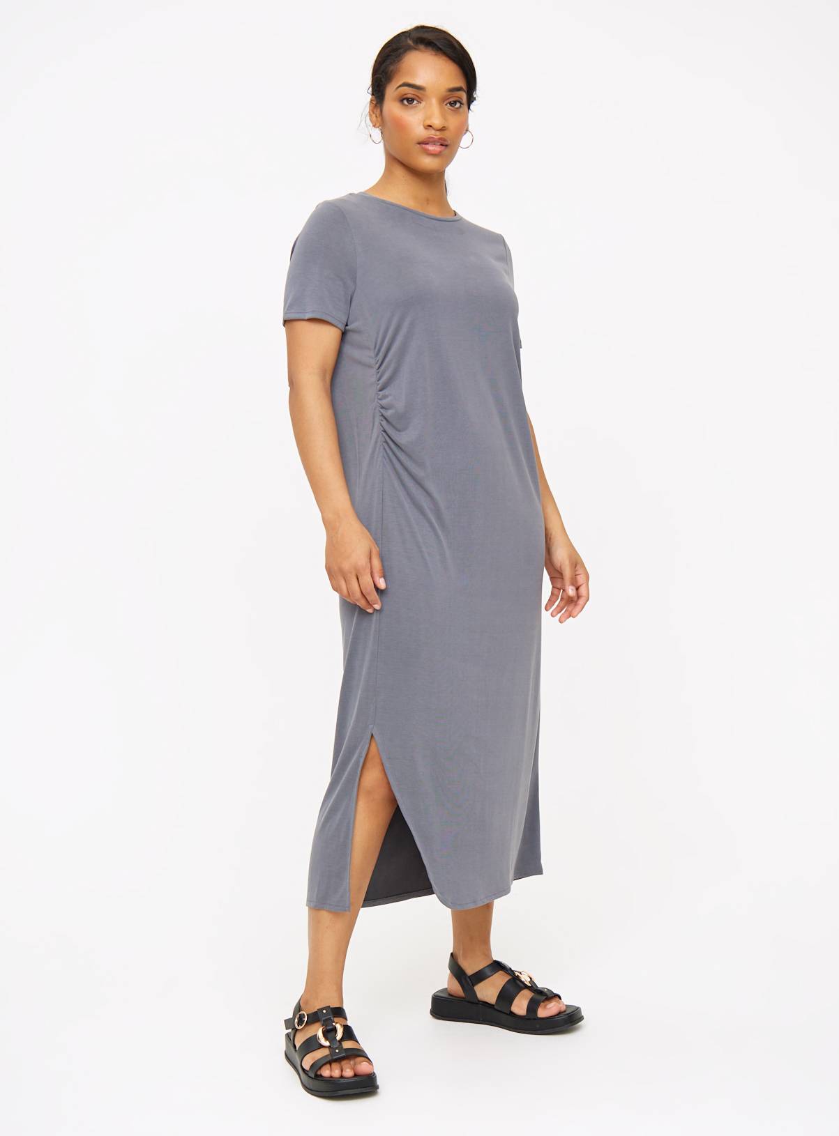 Charcoal Ruched Cupro Midi T-Shirt Dress M - Image 1