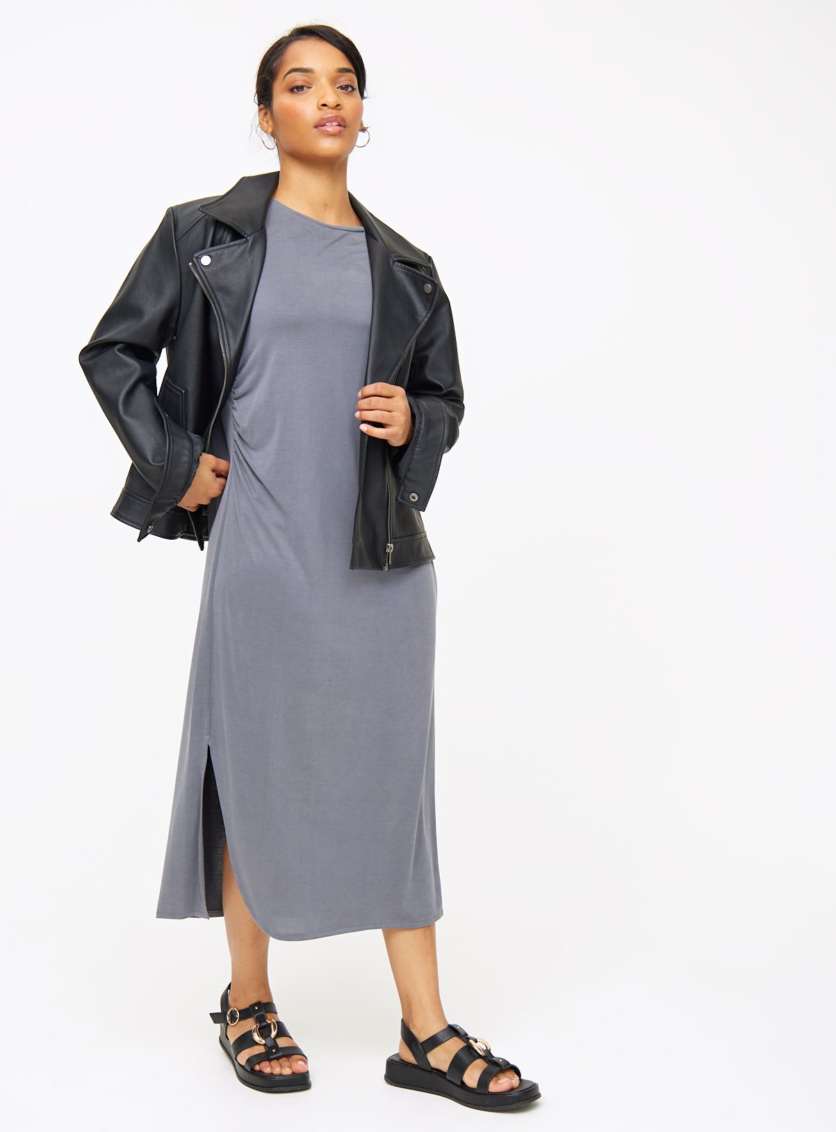 Charcoal Ruched Cupro Midi T-Shirt Dress M - Image 2 thumbnail