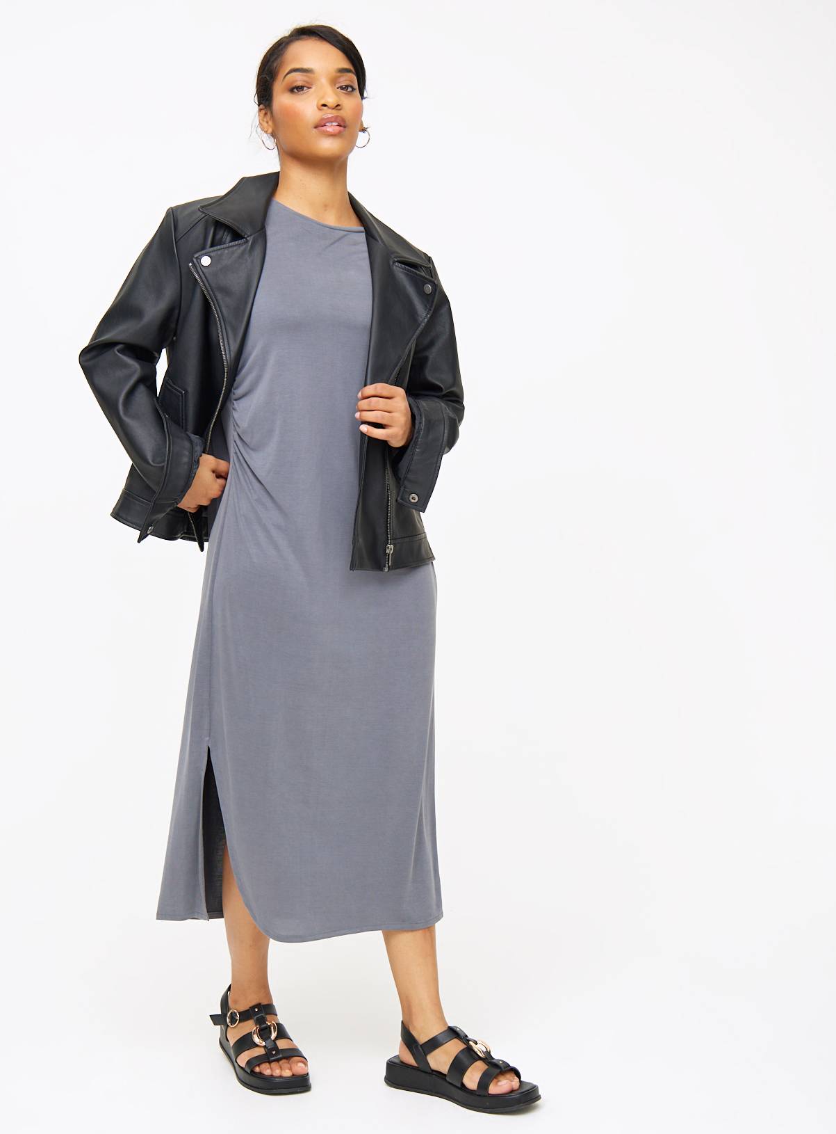Charcoal Ruched Cupro Midi T-Shirt Dress M - Image 2