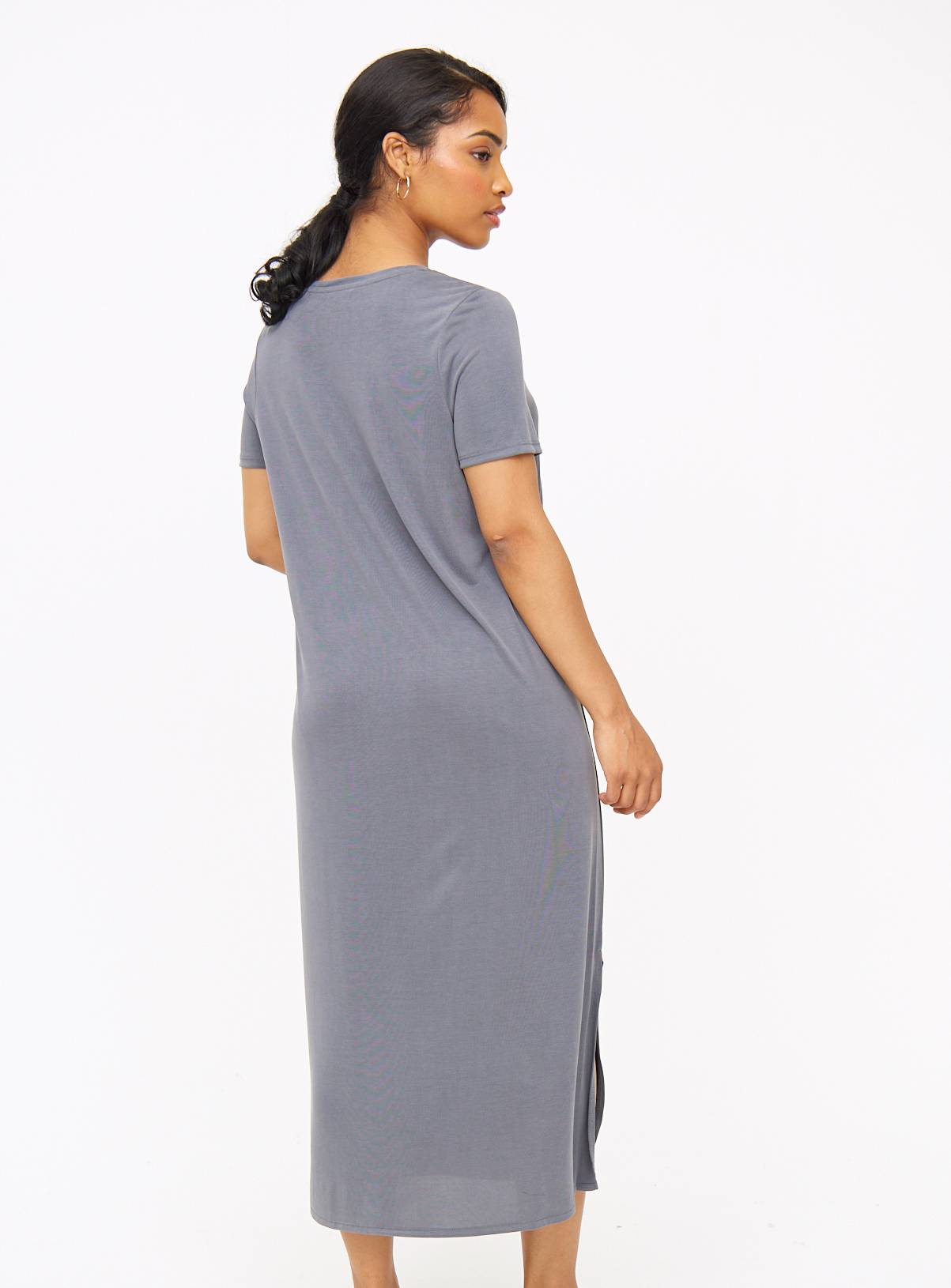 Charcoal Ruched Cupro Midi T-Shirt Dress M - Image 4