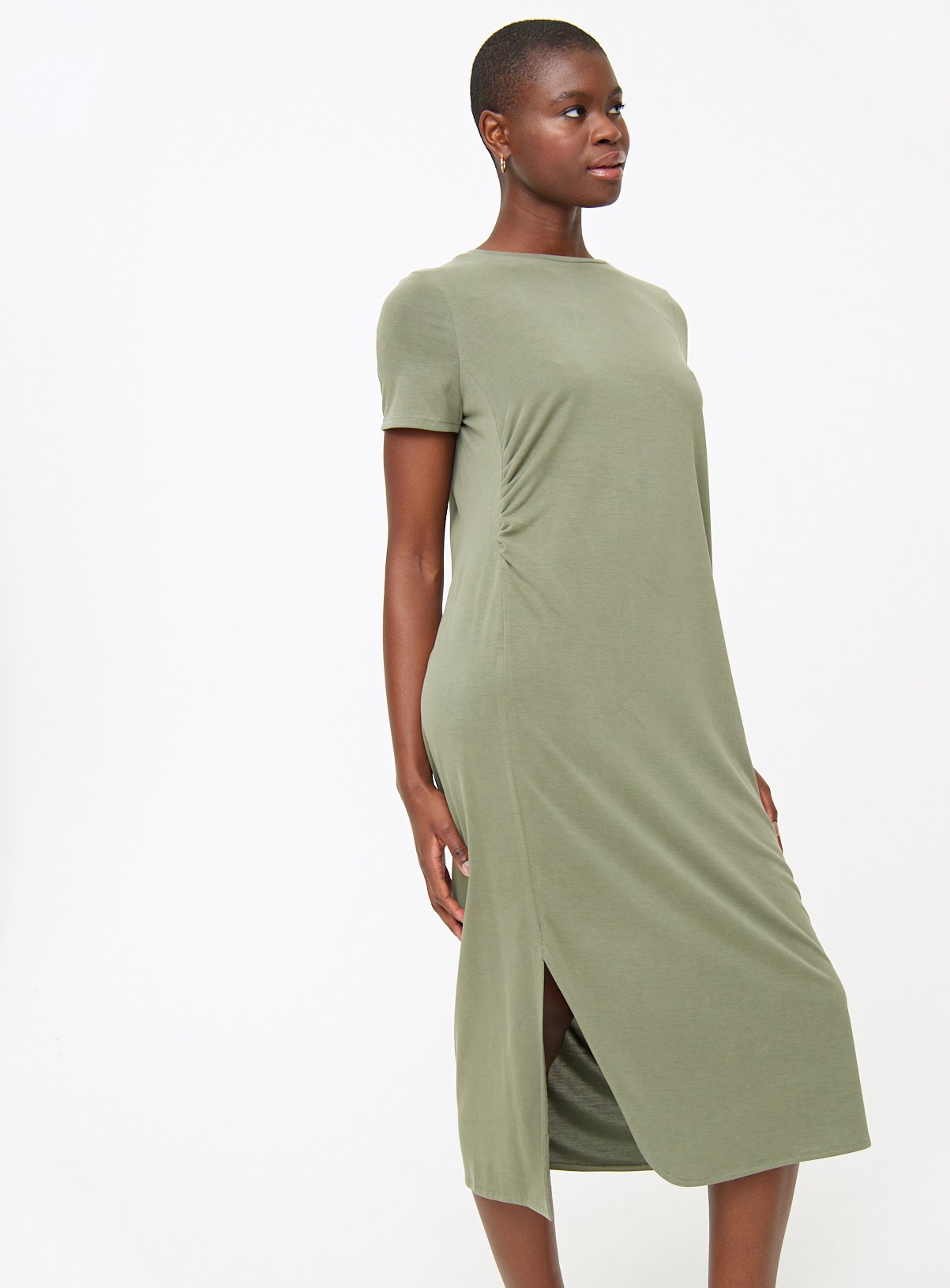 Khaki Ruched Cupro Midi T-Shirt Dress M - Image 1 thumbnail