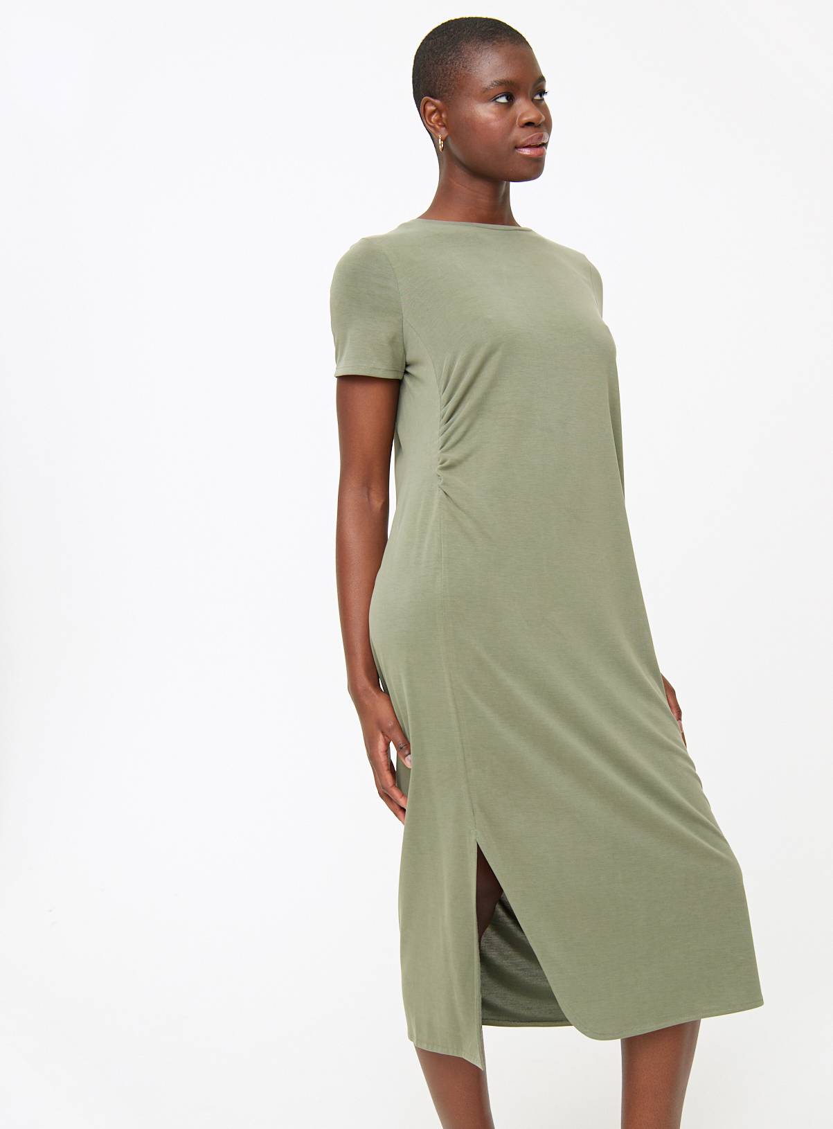 Khaki Ruched Cupro Midi T-Shirt Dress M - Image 1