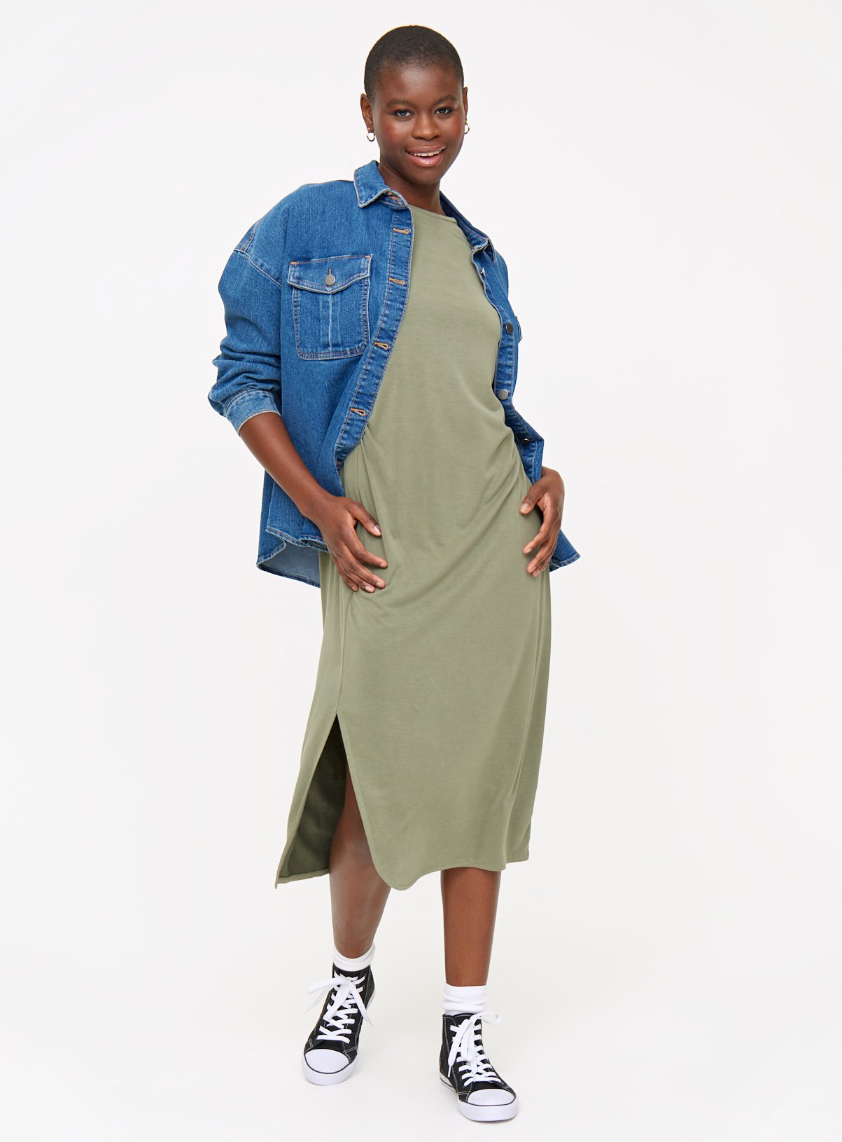 Khaki Ruched Cupro Midi T-Shirt Dress M - Image 2 thumbnail