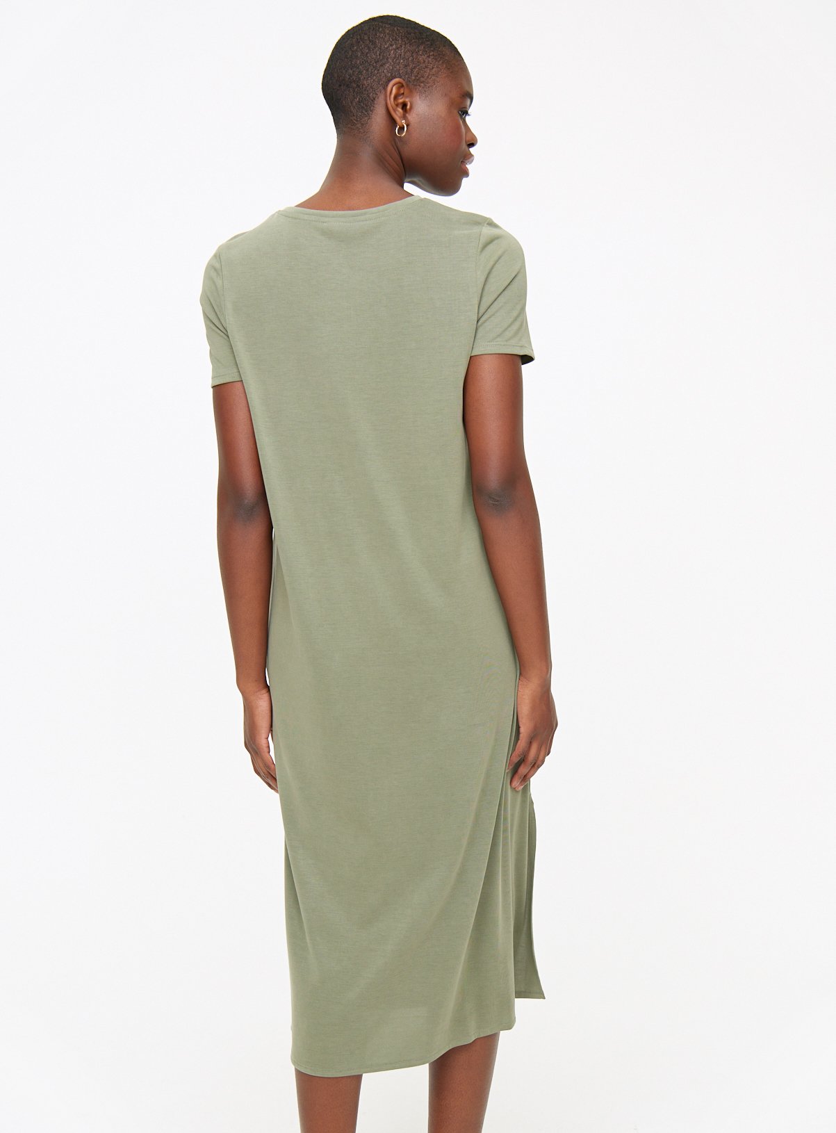 Khaki Ruched Cupro Midi T-Shirt Dress M - Image 4 thumbnail