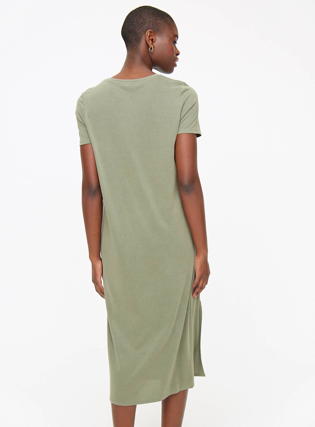 Khaki Ruched Cupro Midi T-Shirt Dress M - Image 4