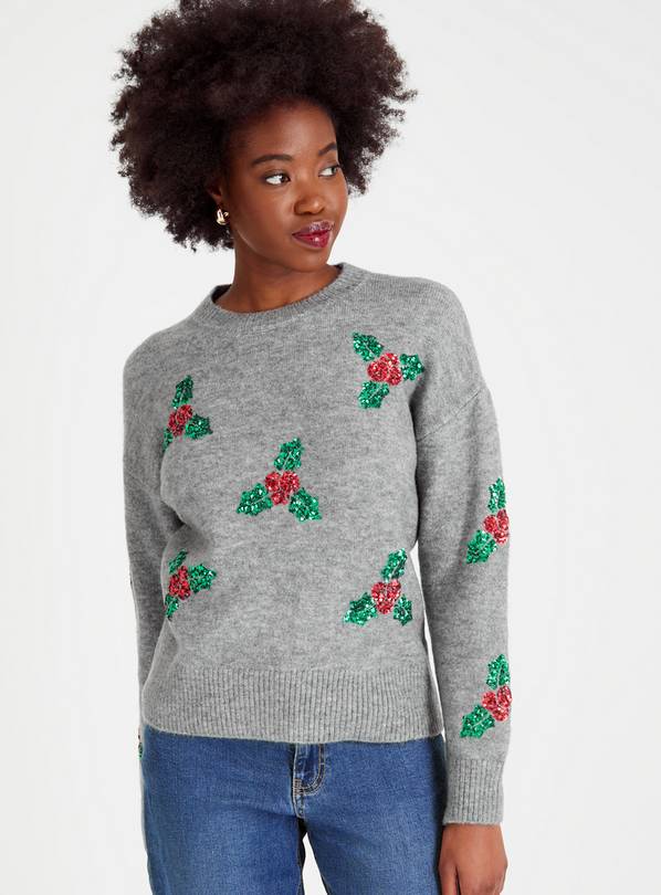 Grey Sequin Holly Christmas Jumper S