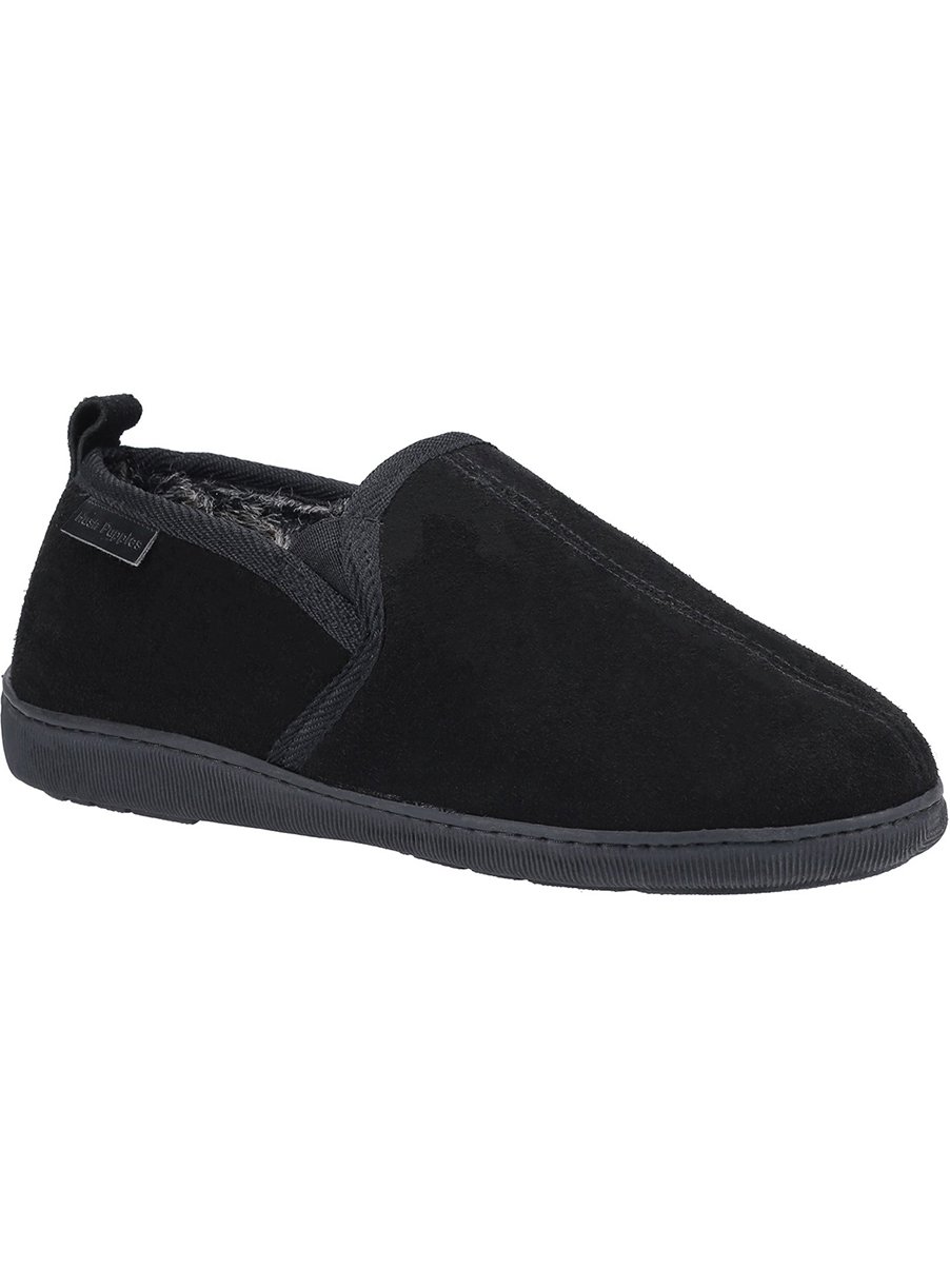 Hush Puppies Men's Arnold Slip-On Leather Slippers – Comfortable Indoor/Outdoor Slippers (Size 13, Black)