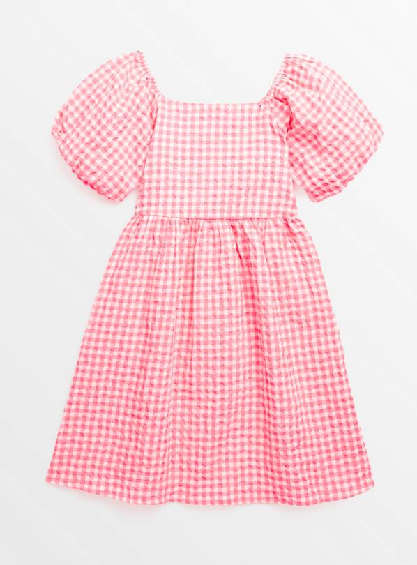 Neon Pink Woven Gingham Dress 10 years