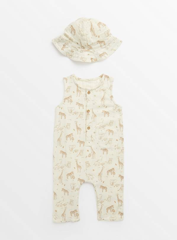 Cream Woven Safari Print Romper & Hat Set  9-12 months